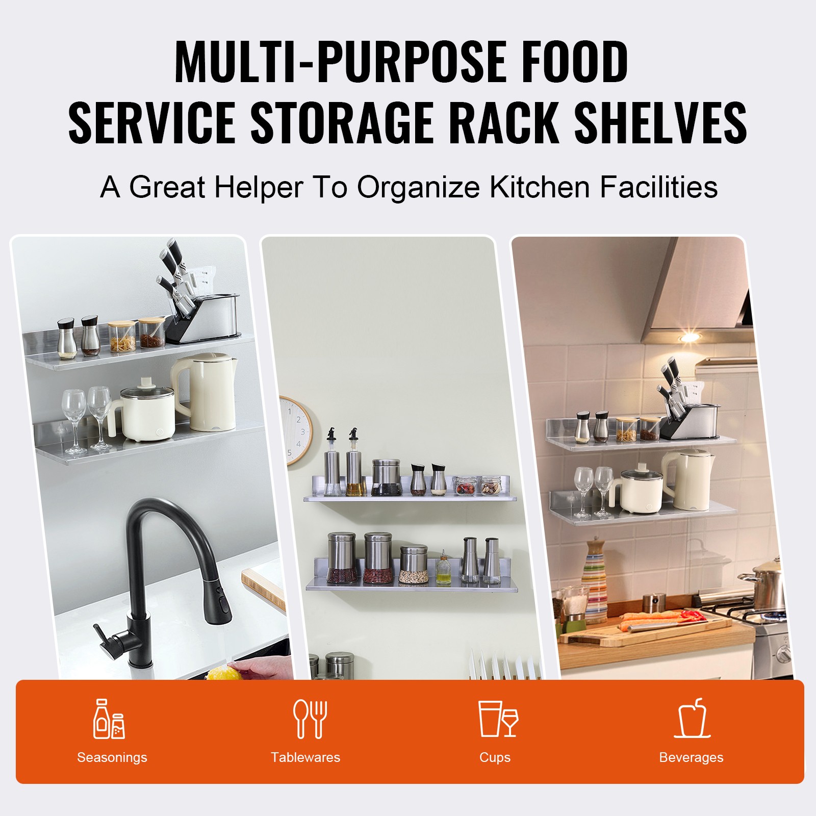 2PCS 30″ x 8.6″ Stainless Steel Wall Mounted Shelf Kitchen Restaurant Shelving