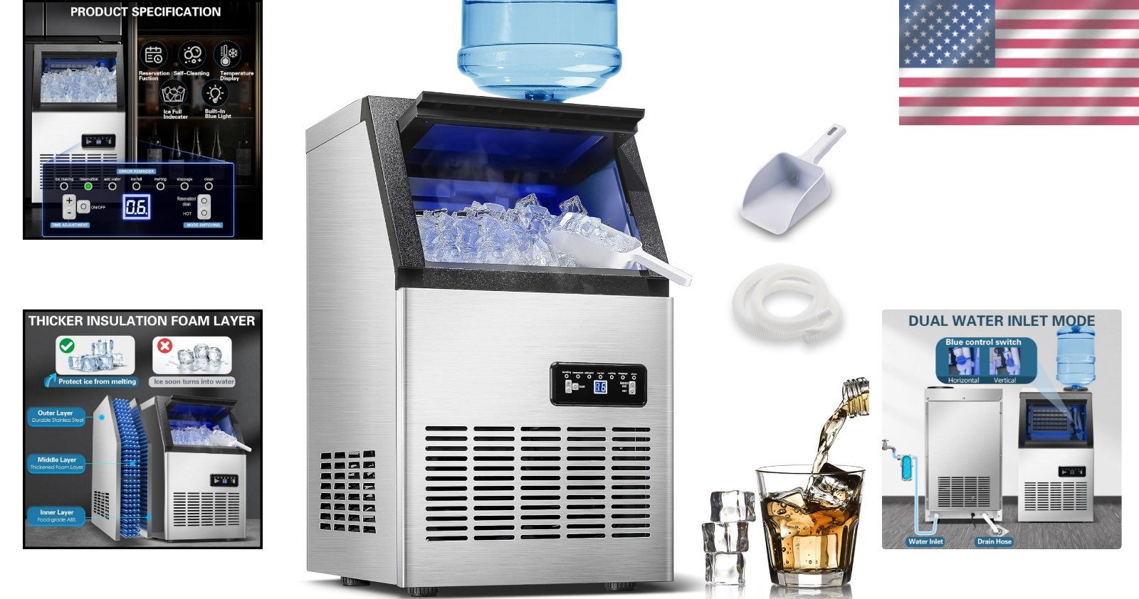 120LBS/24H Commercial Ice Maker – Stainless Steel, Adjustable Thickness, LCD …