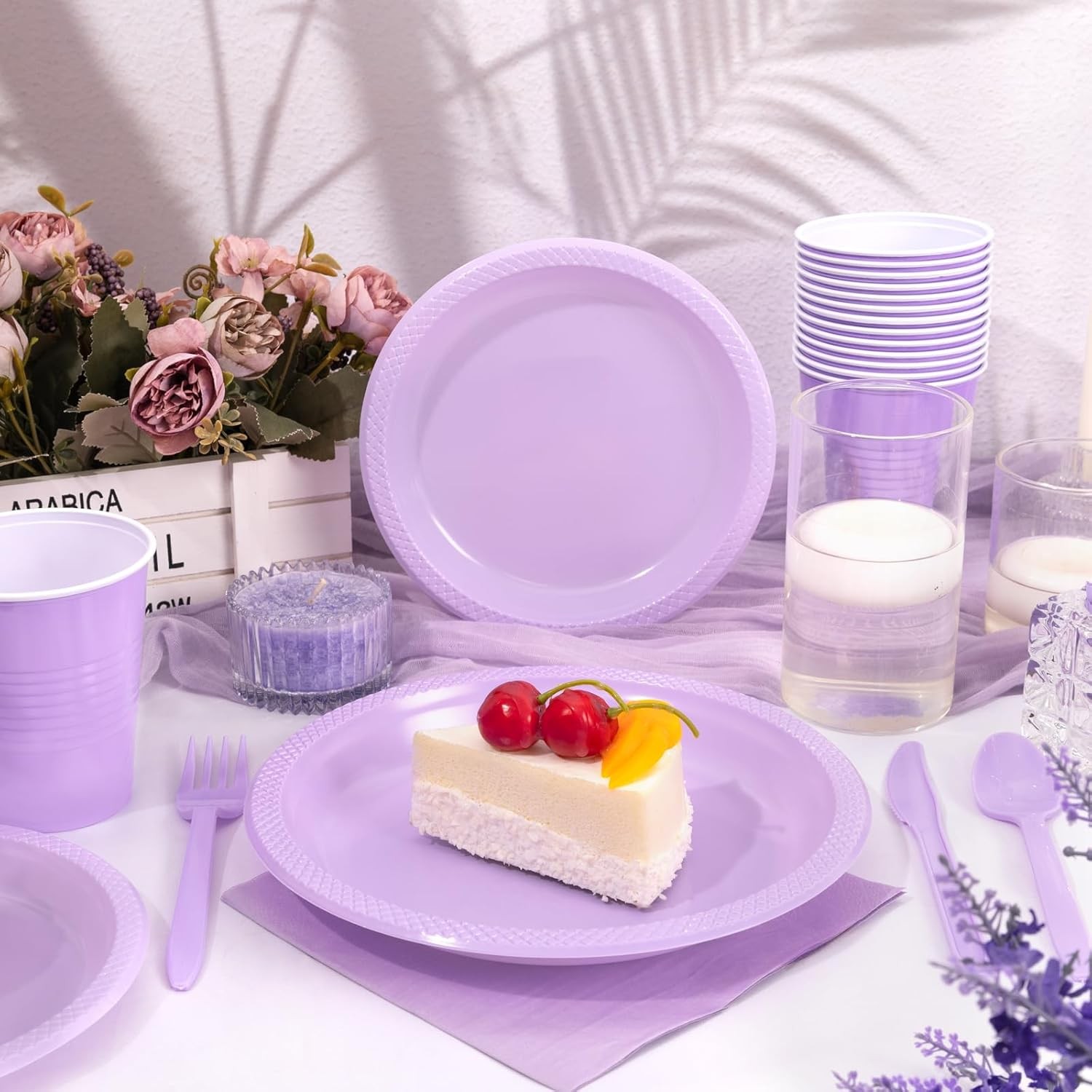 210Pcs Lavender Plates,Light Purple Plastic Dinnerware Set,Party Supplies