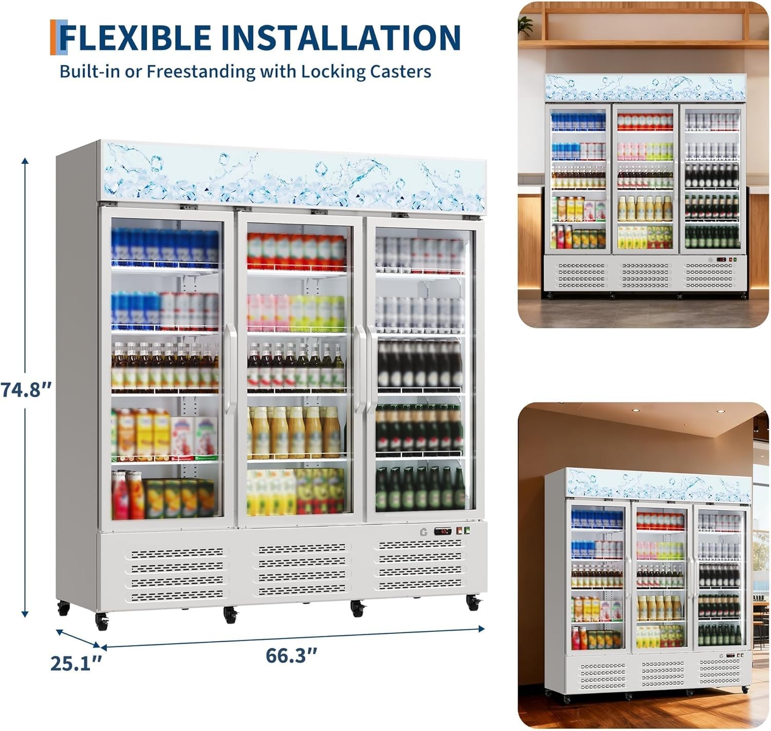 Commercial Refrigerator, Three Glass Door Display Beverage Fridge, 39 Cu ft Upri