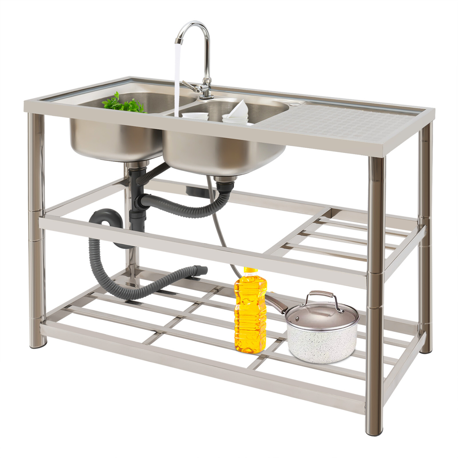 Commercial Stainless Restaurant Kitchen Sink Faucet + Drainboad Set Double Bowl