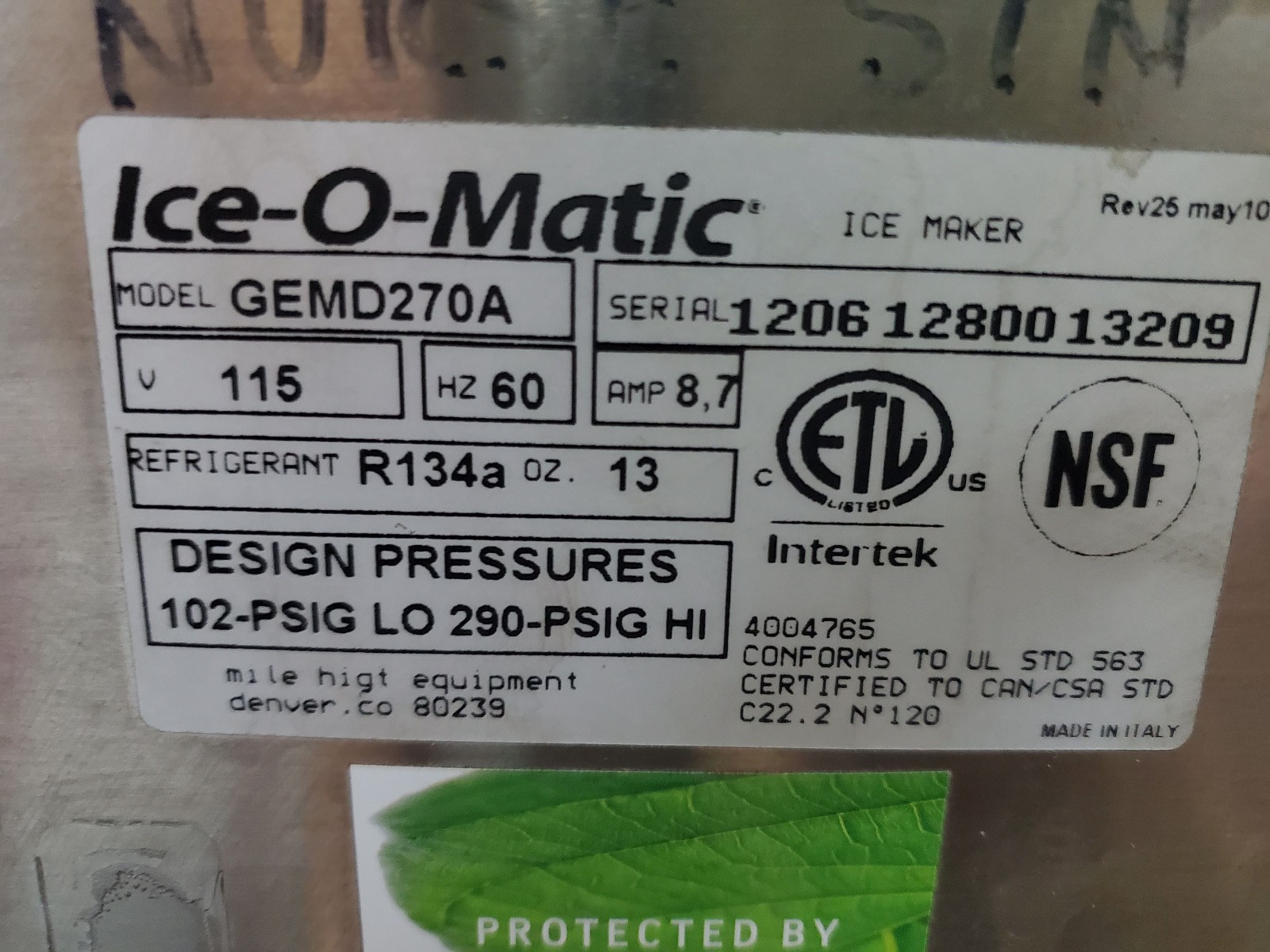 Ice-O-Matic Iceomatic Ice Maker GEMD 270A