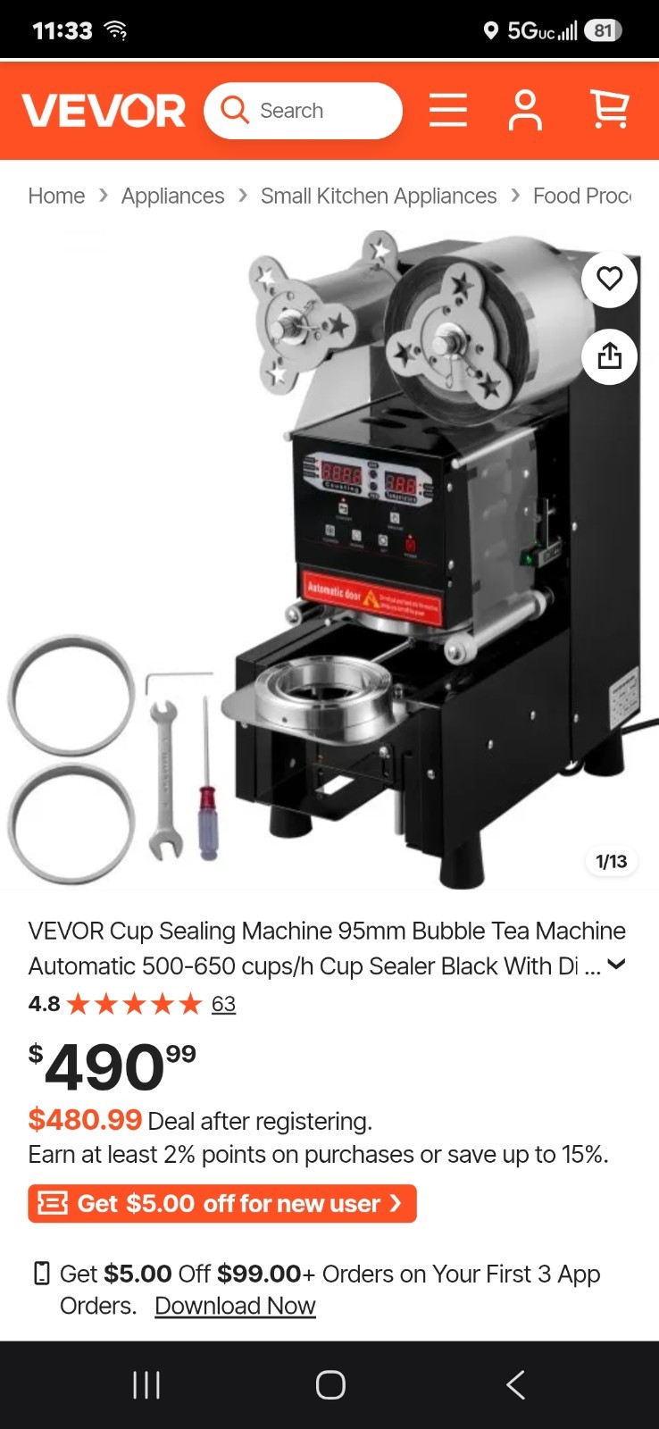 VEVOR BM-906 Automatic Cup Sealing Machine 95mm Bubble Tea Sealer