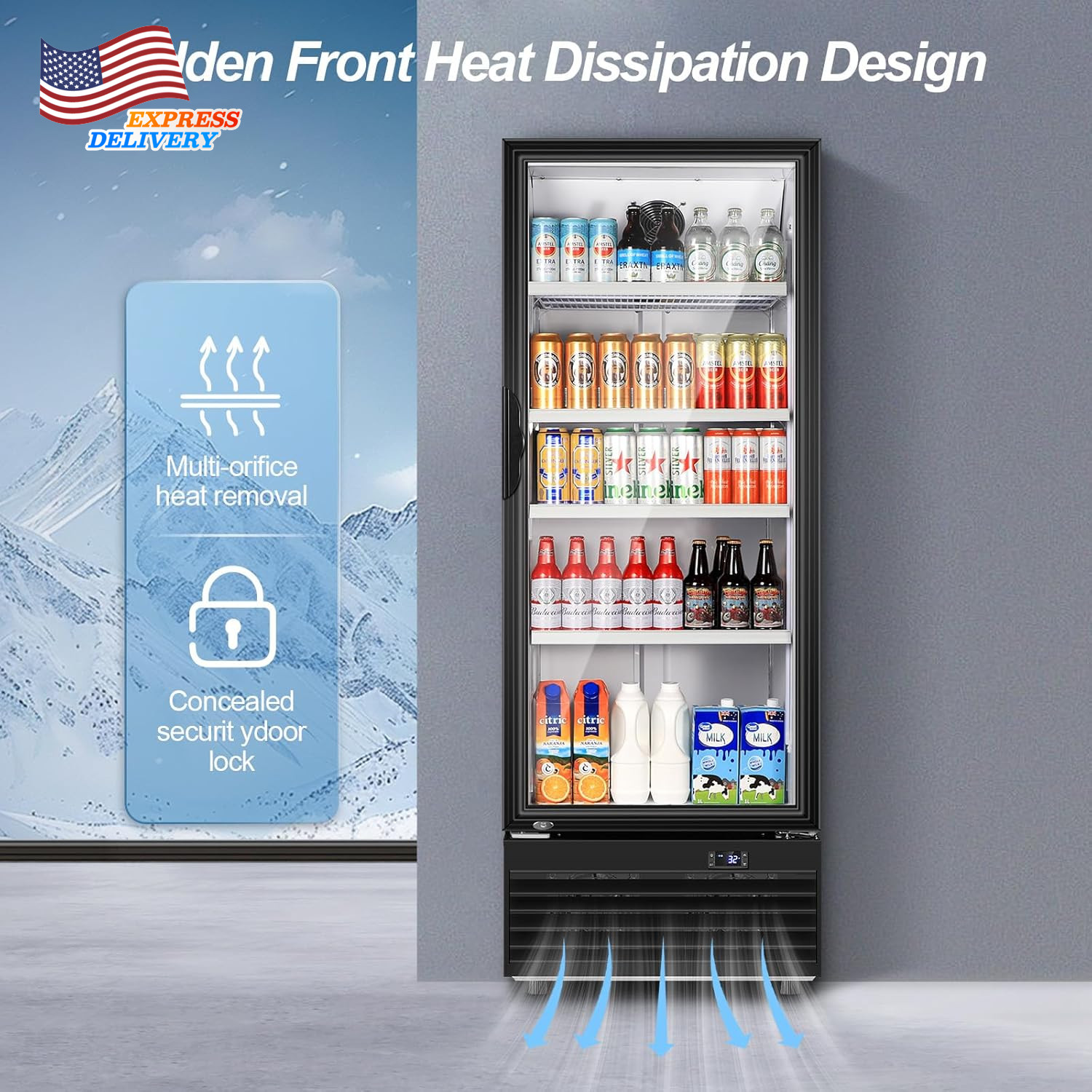 350L Commercial Beverage Fridge Glass Door Fast Cooling Low Noise Black