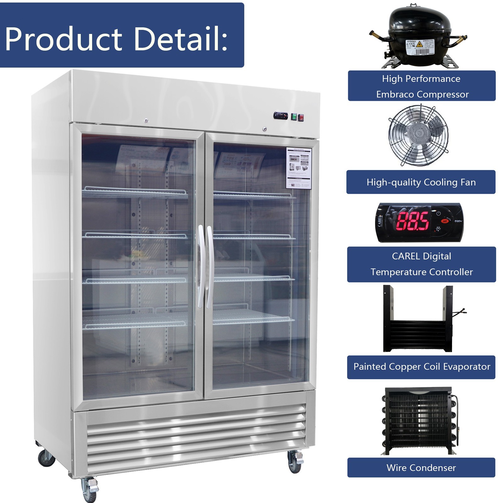 54» W Commercial Display Fridge | 42.2 Cu.ft 2 Glass Door Reach-in Cooler