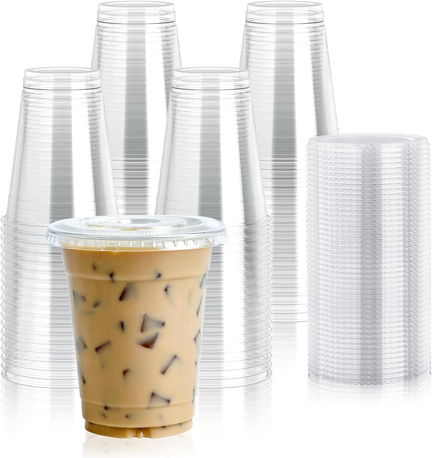 Lilymicky 90 Sets 16 oz Clear Plastic Cups With Flat Lids, 16 Ounce Disposable D