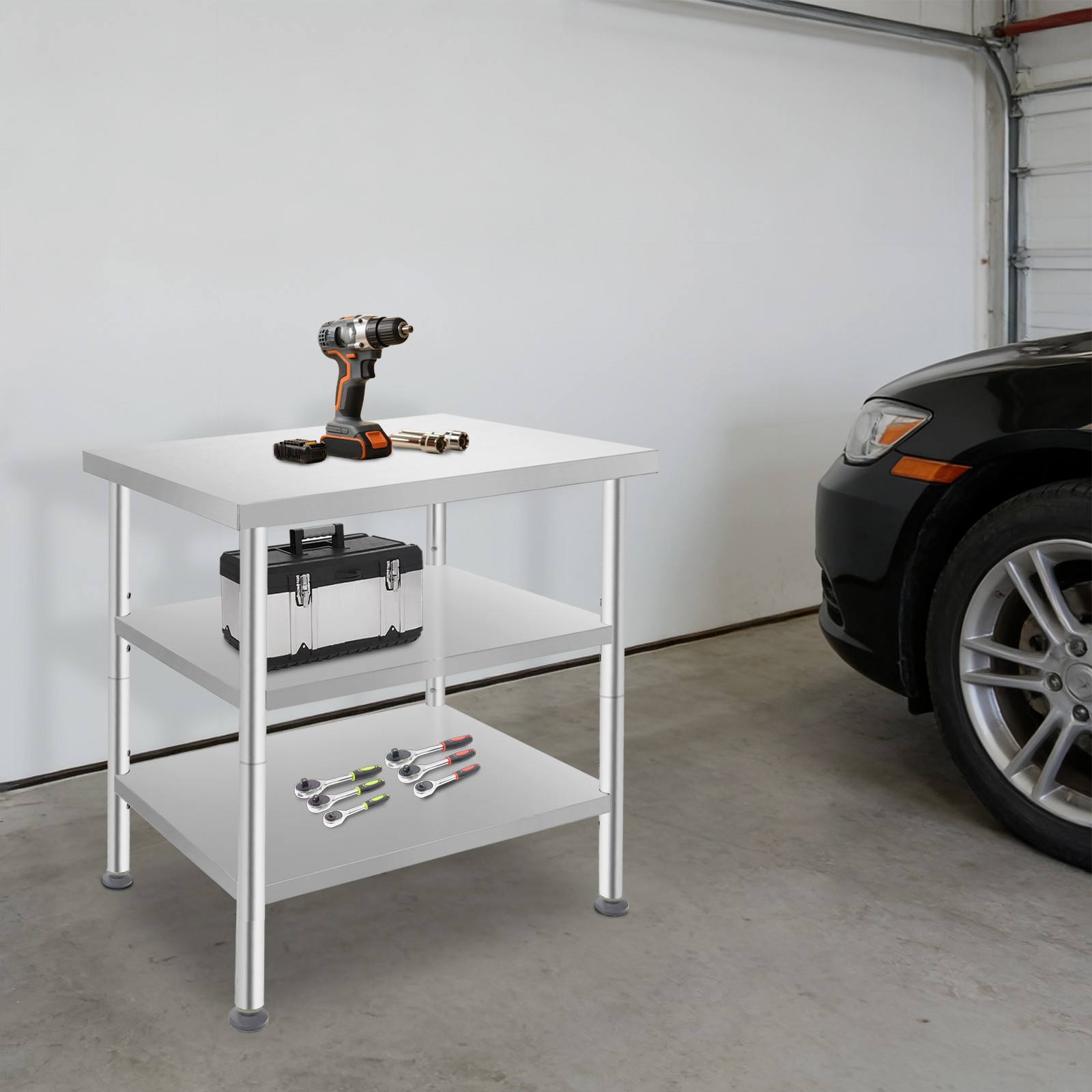 24*30*35in Work Table With Casters, 3 Tiers Garage Workbench, Silver Tool Bench