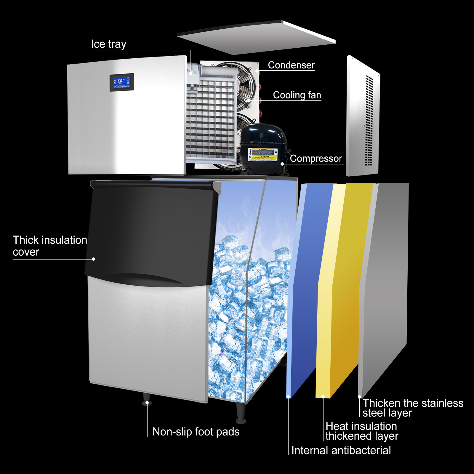 Lojok Commercial 110V 1200W Freestanding Ice Maker 550LBS/24H with 350LBS Bin