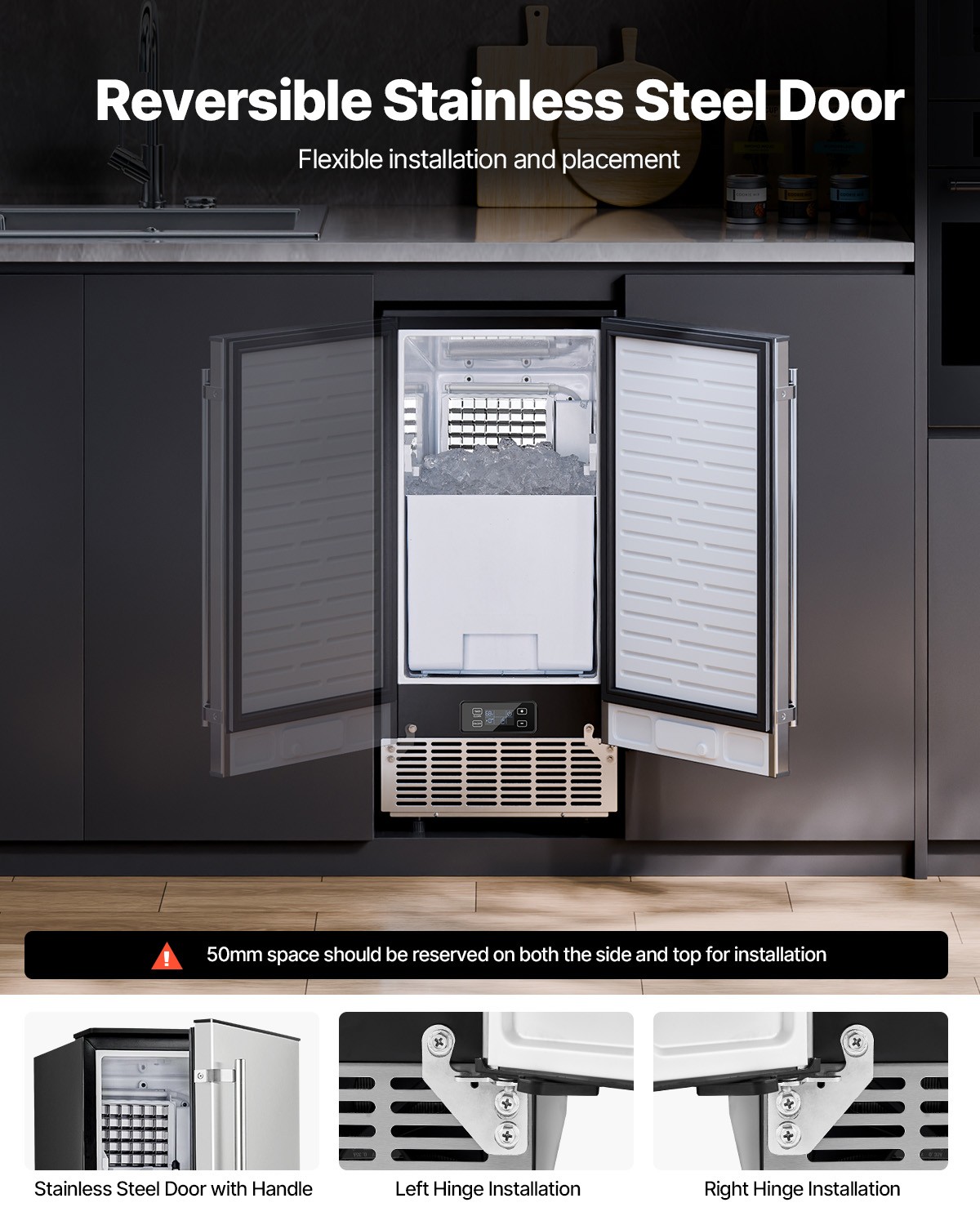 Uimoso Built-in Ice Machine with Reversible Door, Produces 80 Lbs Daily