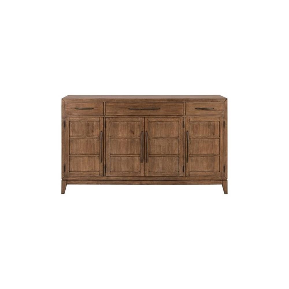 Pemberly Row Dining Buffet with Picture Frame Molding and 4 Doors in Brown