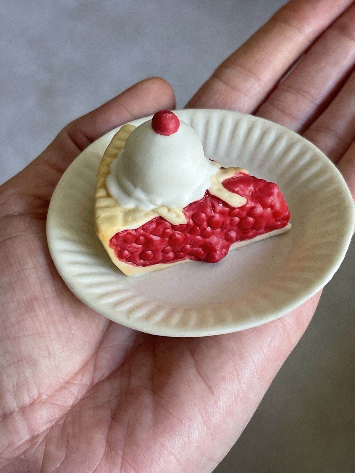 Vintage Ceramic Mini Plate Figurines W/ Cherry Pie & Chocolate Cake Display Food