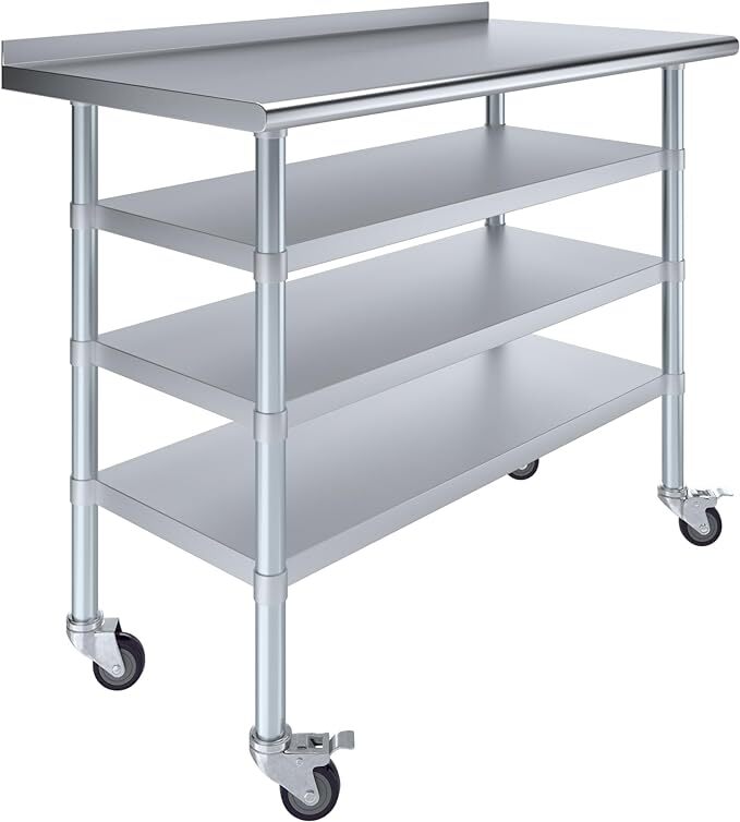 Stainless Steel Metal Work Table with 1.5″ Backsplash and 3 Shelves with Wheels