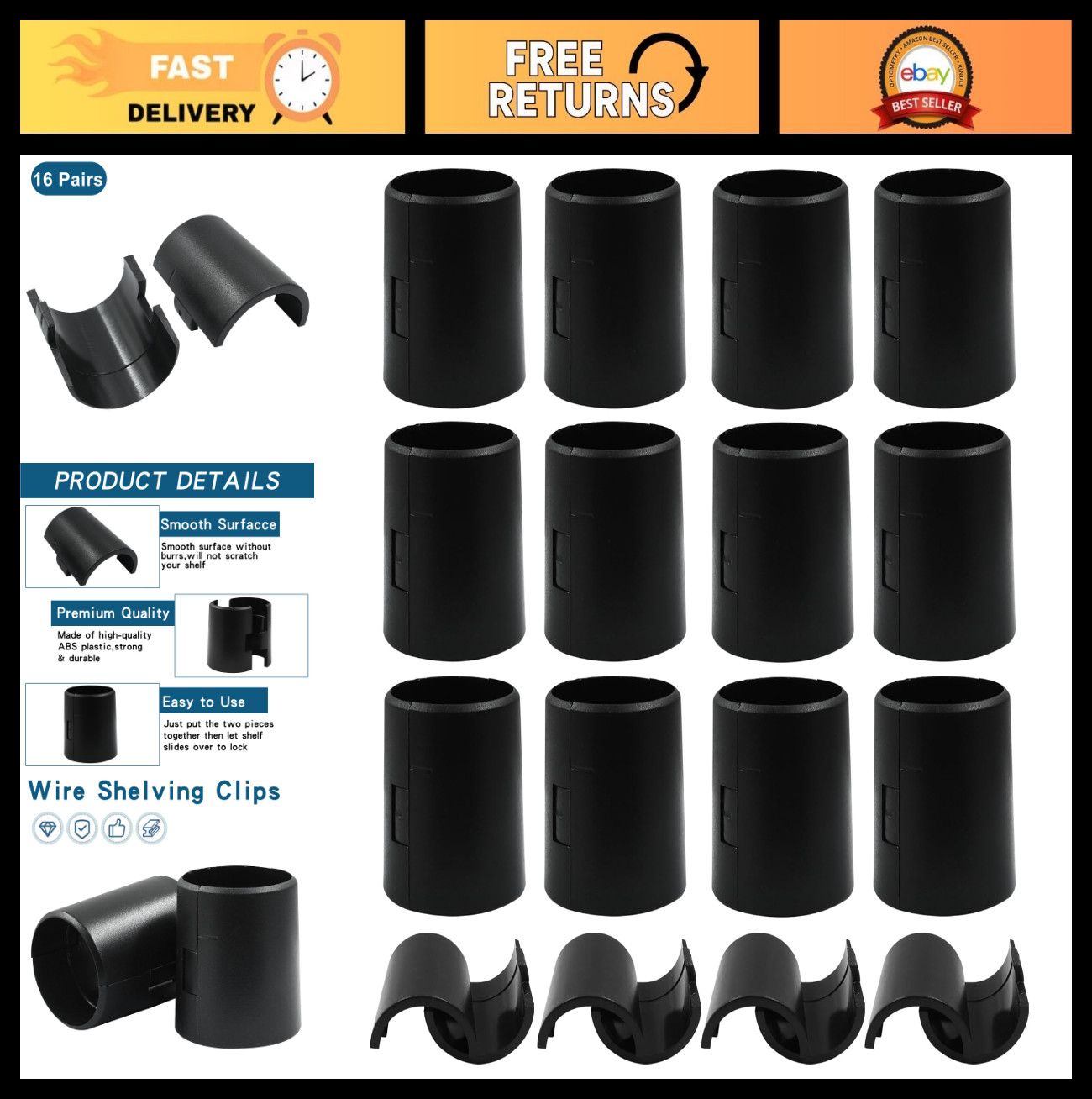 32 Pcs Wire Shelf Clips, 1.5″ Inner Diameter, Black Plastic Locking Sleeves for