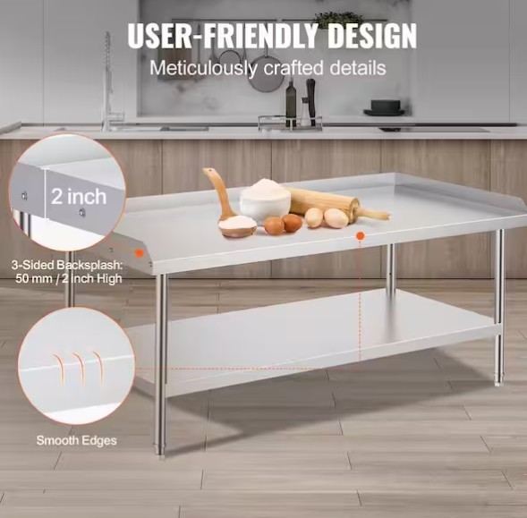 Stainless Steel Work Table, 30 x 60 x 26 in. 3-Sided Backsplash Prep Table
