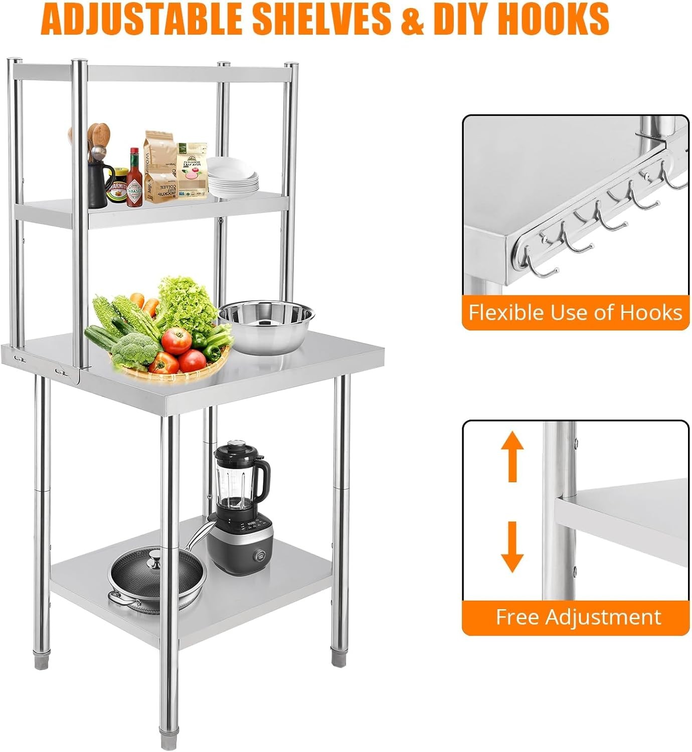 30×24 Inch, Total Height 65 Inches Heavy Duty Stainless Steel Work Table