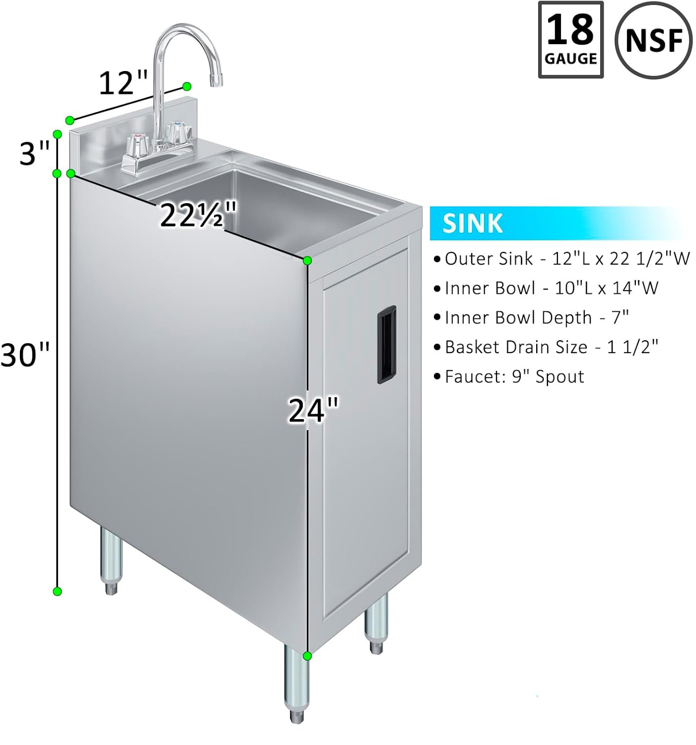 22 in. x 12 in. Stainless Steel Underbar Hand Utility Sink with Cabinet Base