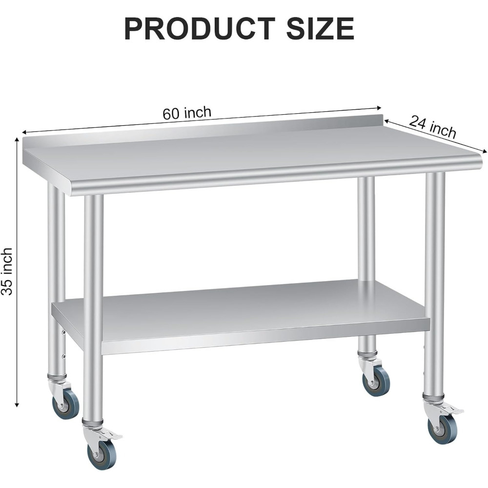 Commercial Stainless Table 60x24inch, Wheels & Backsplash, Adjustable Shelf