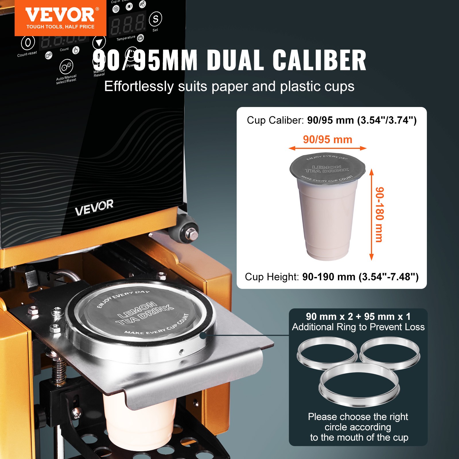 VEVOR Fully Automatic Sealing Machine Tea Cup Sealer 500-650 Cups/H 190 mm Gold