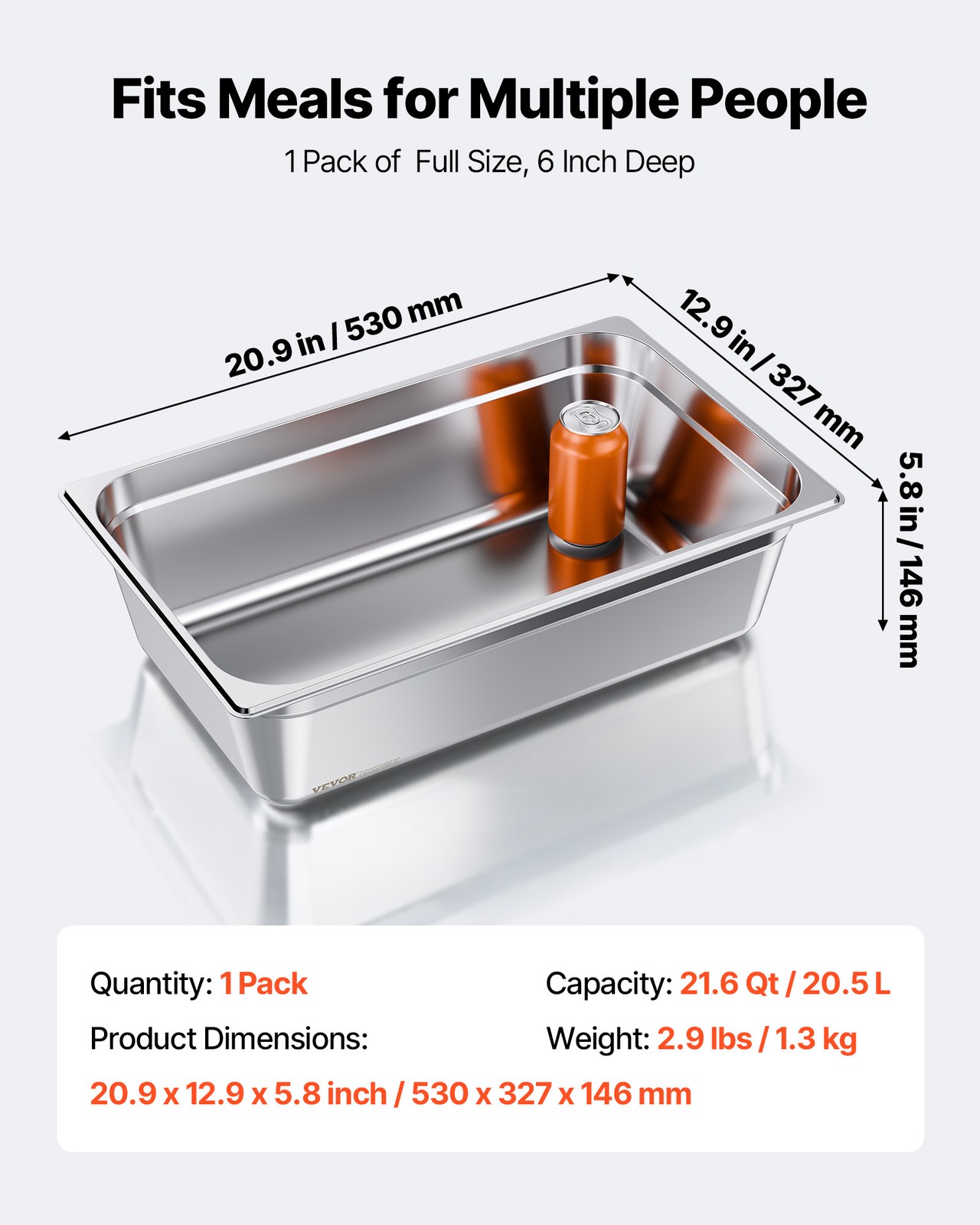 VEVOR Full Size Hotel Pan Steam Table Pan 6 Inch Deep Stainless Steel 1 Pack