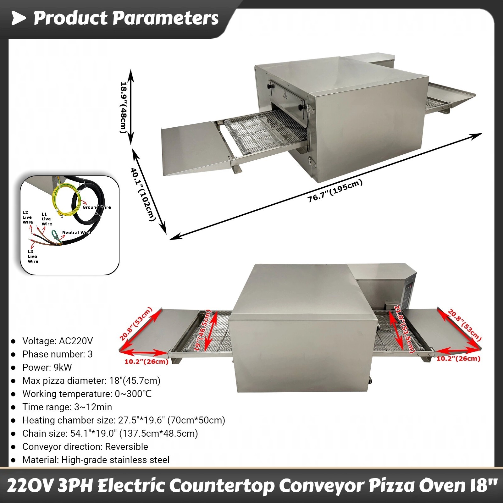 220V 3PH 9KW Countertop Conveyor Pizza Oven Commercial Baking Electric Oven 18″