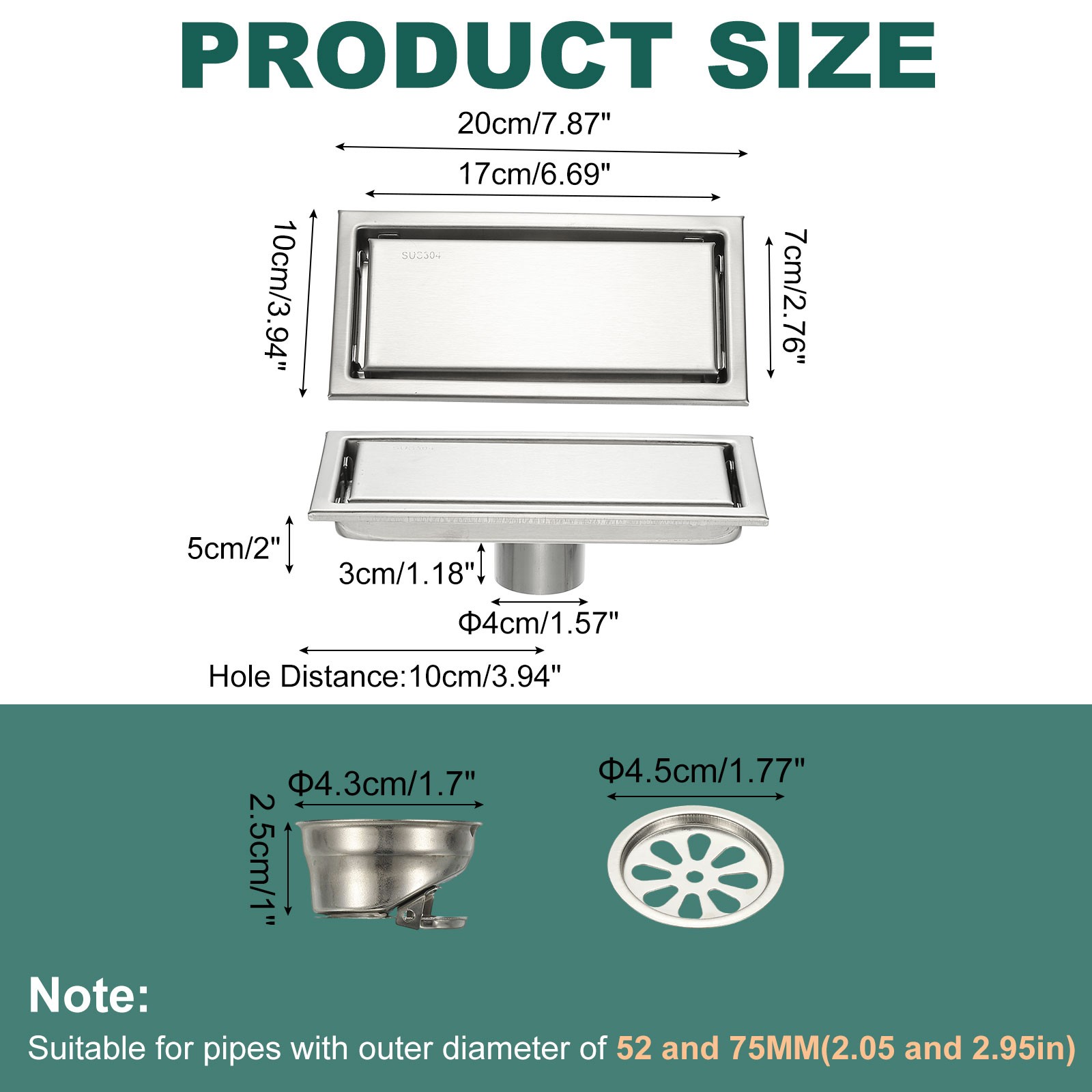 Rectangular Shower Drain Odor-proof Floor Drain(8 Inch Brushed Silver)