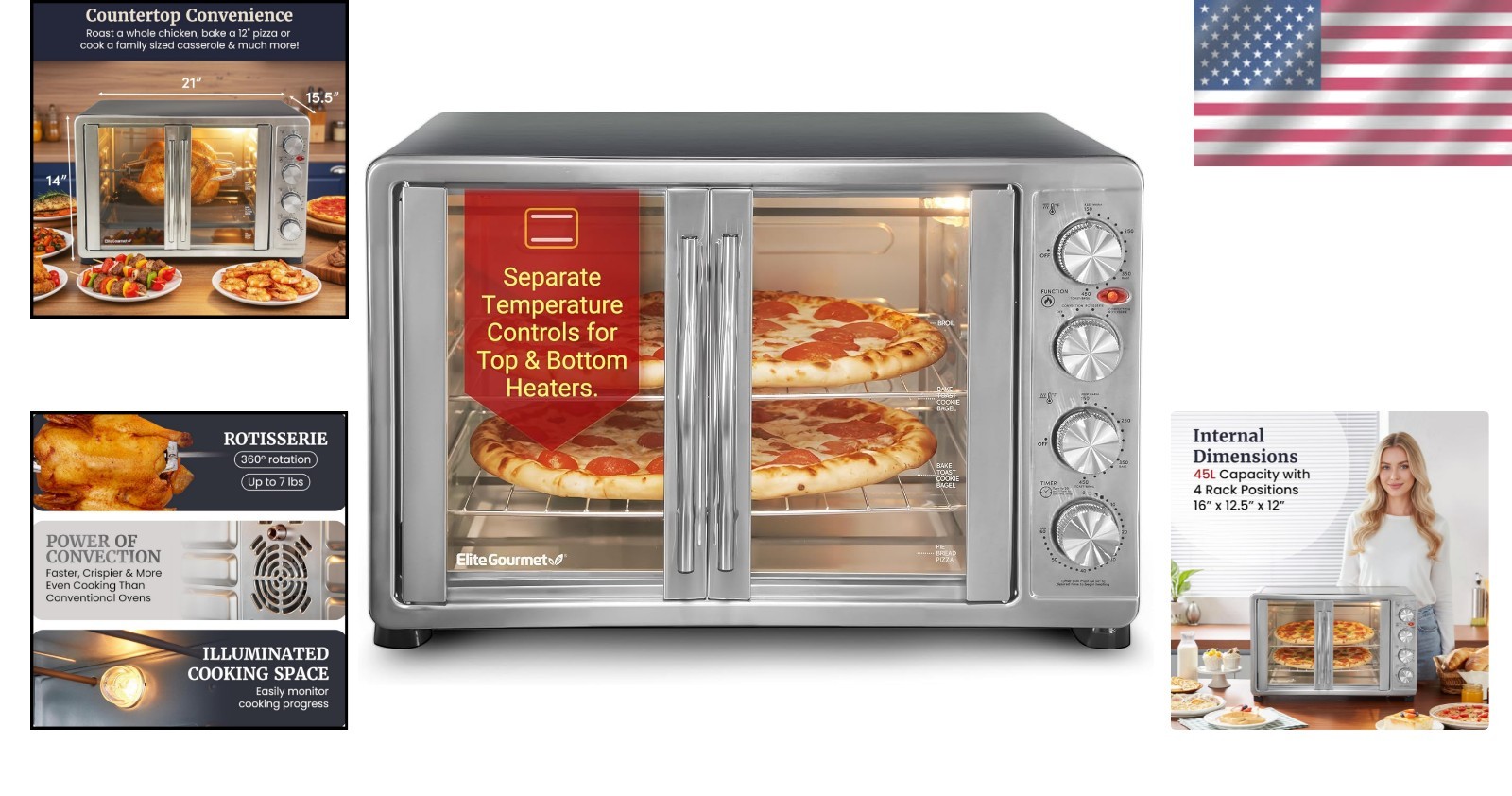 Convection Toaster Oven 45L Stainless Steel French Door Bake Broil Toast