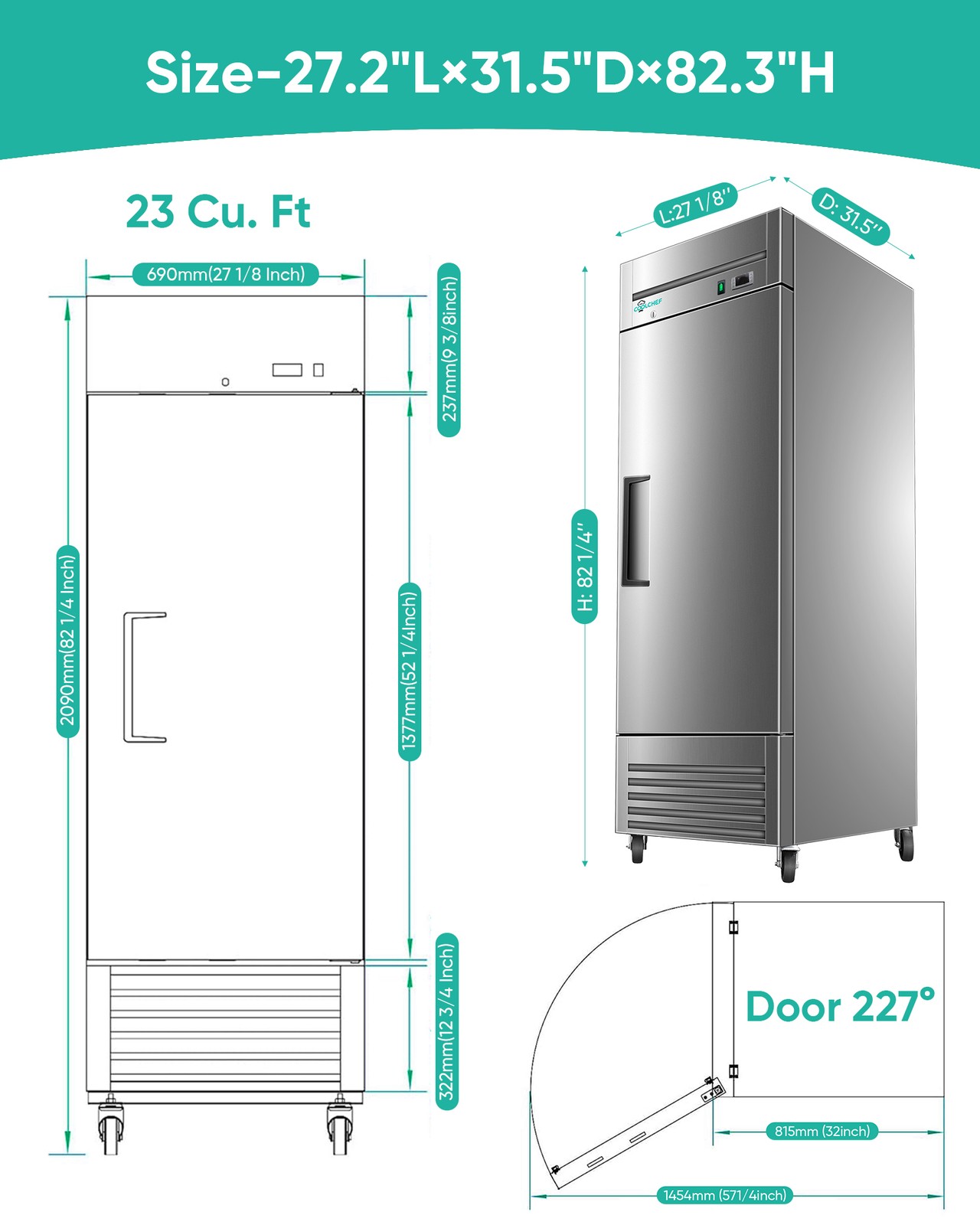 Commercial 27» Reach-In Refrigerator Stainless Steel Solid 1 Door 23 Cu.ft.