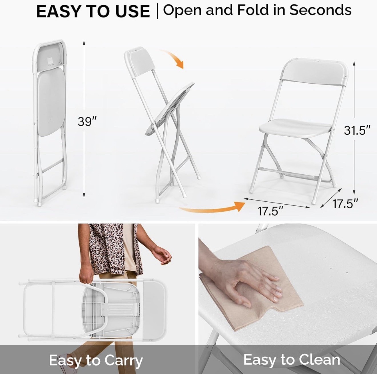 White Metal Frame Folding Chair Stackable Easy to Clean 39″H 31.5″ Seat Height