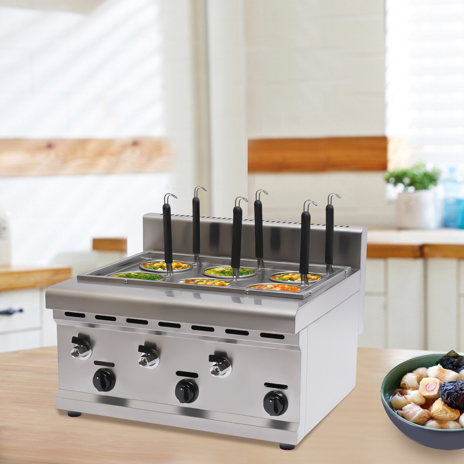 Commercial Pasta Cooking Machine Noodle Boiler 6 Holes Pasta Maker 3 Gas Knobs
