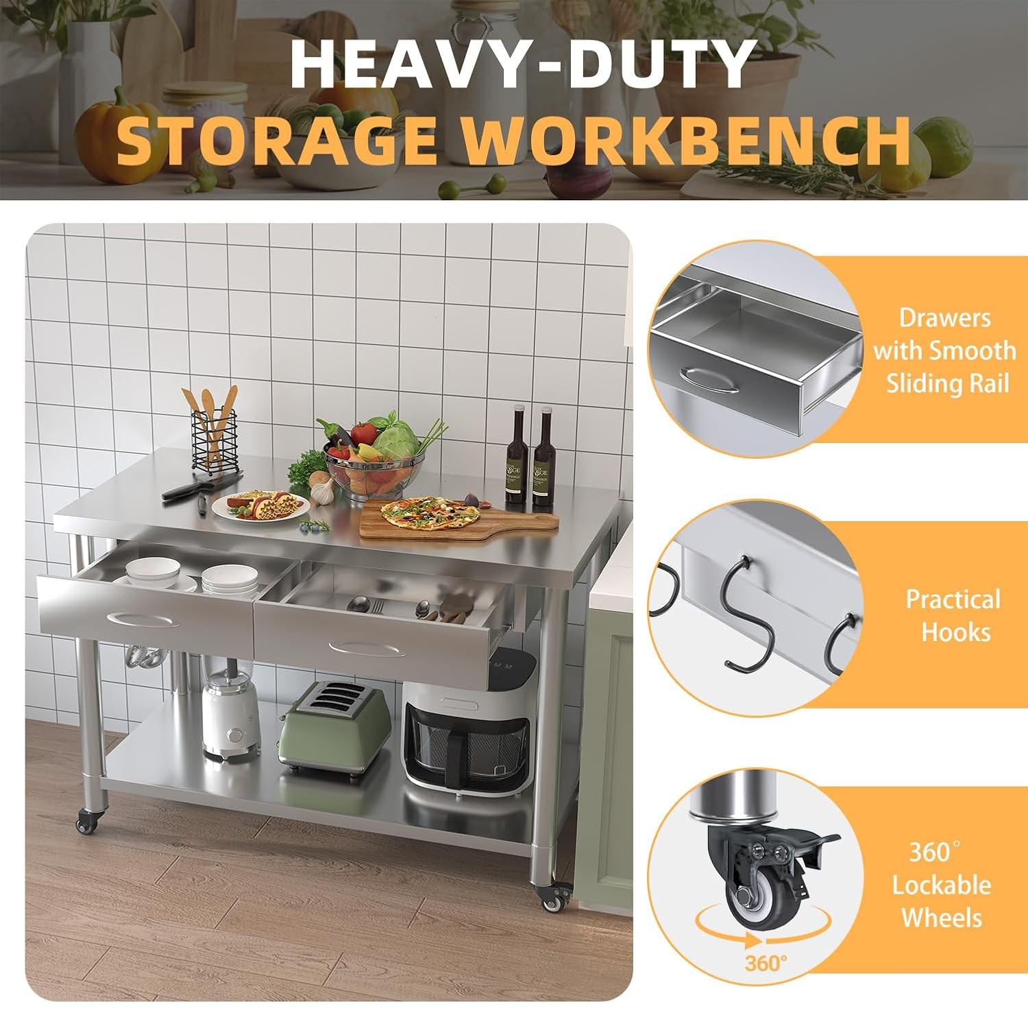 48″x24″ Stainless Steel Work Table with Drawers, Rolling Workbench for Kitchen