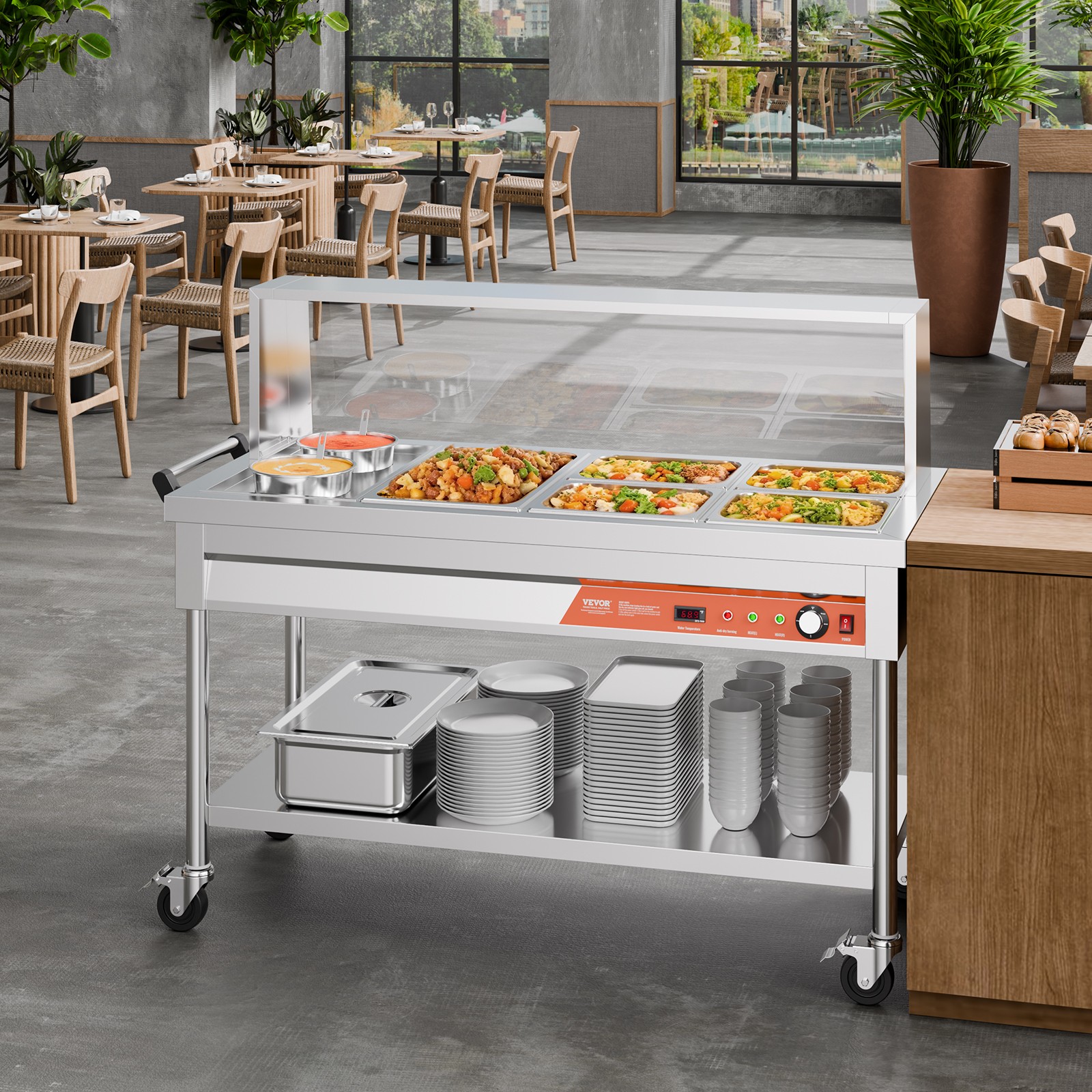 VEVOR 5 Pans + 2 Pots Commercial Food Warmer Steam Table with Undershelf Shield
