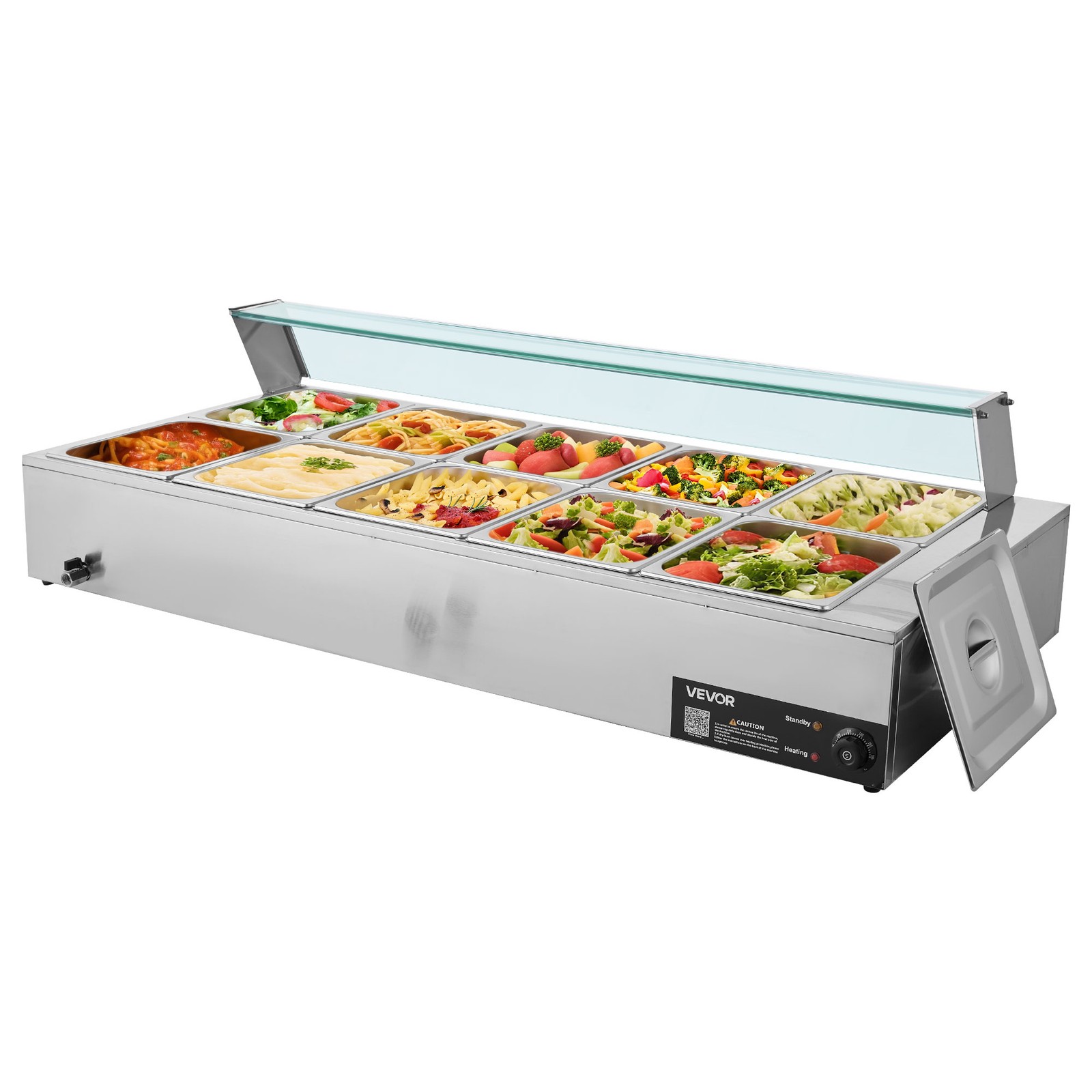 VEVOR Commercial Food Warmer 10-Pan 1700W Buffet Bain Marie with Glass Cover