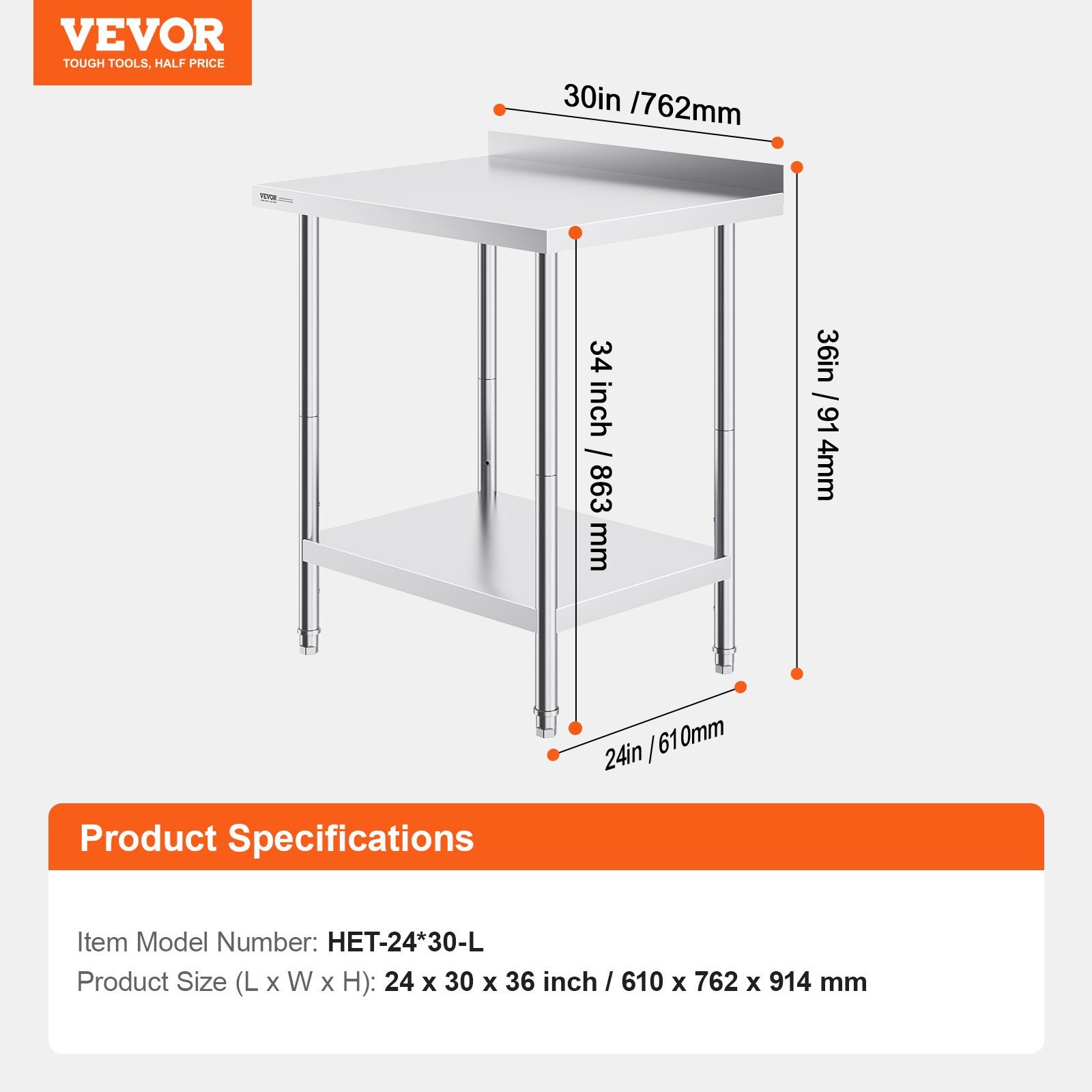 24 x 30 x 36 Inch Stainless Steel Work Table, Commercial Food Prep Worktable Hea